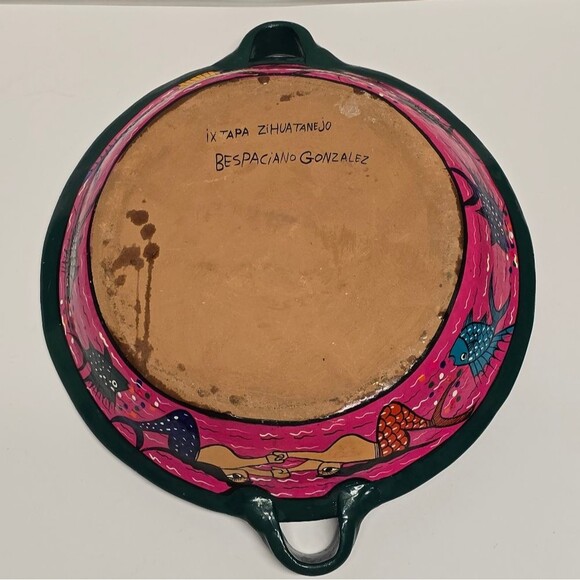Vintage MEXICAN Ixtapa Terracotta Pottery Folk Art Hand Painted Large Bowl - Picture 6 of 8